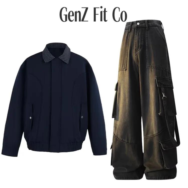 GenZFitCo秋季拼接防风极简风拉链夹克工装宽松运动青少年套装