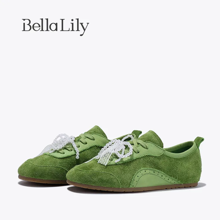BellaLily2025夏季新款芭蕾风德训鞋女珍珠蝴蝶结平底鞋休闲鞋潮