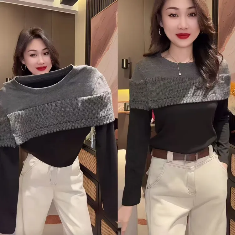 2025秋冬季设计感百搭撞色拼接假两件长袖T恤女欧货气质减龄上衣