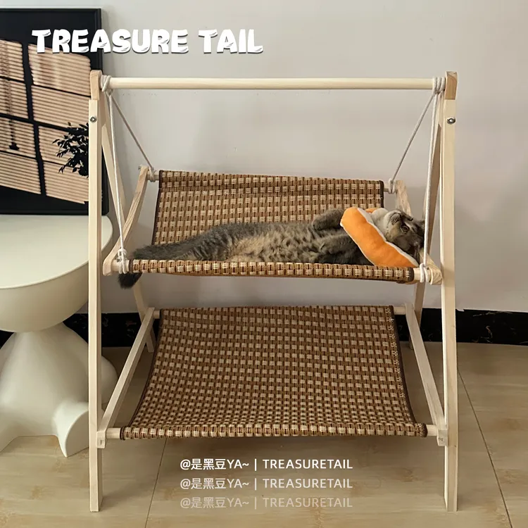 Treasure Tail 木质藤席猫窝上下双层夏天宠物摇床实木防潮猫窝
