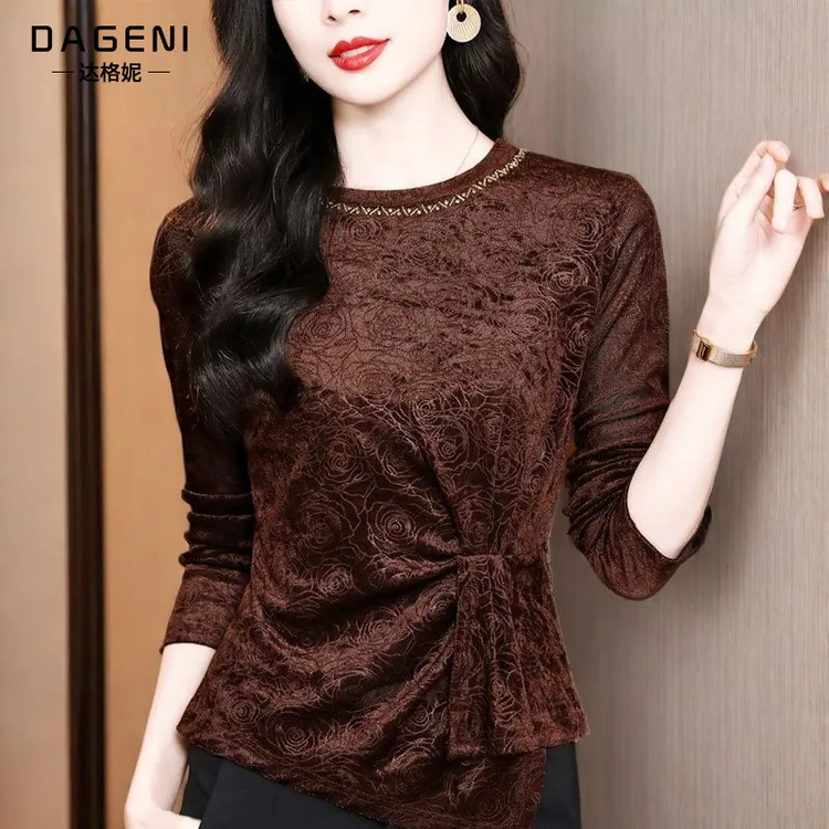 设计感不规则卡腰丝绒打底衫女长袖t恤春装新款圆领钉珠内搭上衣