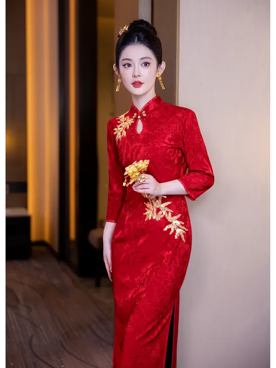 旗袍敬酒服新娘秋冬季结婚红色新中式订婚礼服裙女小个子回门中袖