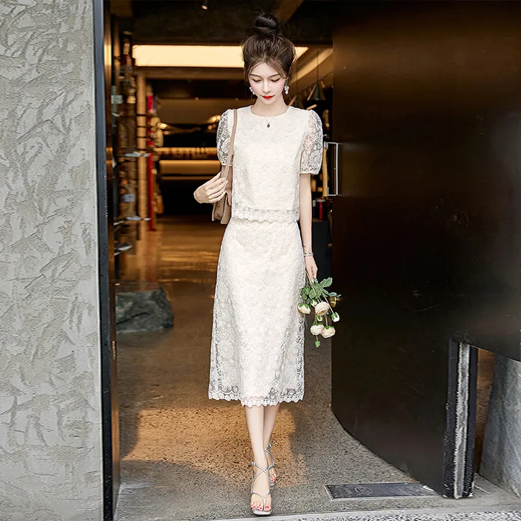 时尚蕾丝连衣裙洋气衣服女夏季新款高级感修身显瘦两件套装长裙子
