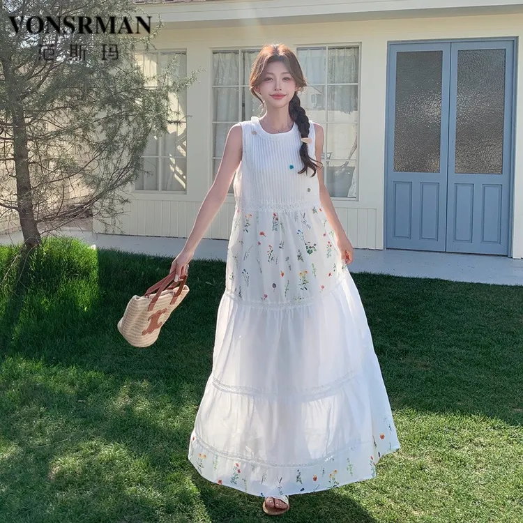 法式印花无袖连衣裙女2025年夏季新款高级感蕾丝拼接气质背心长裙