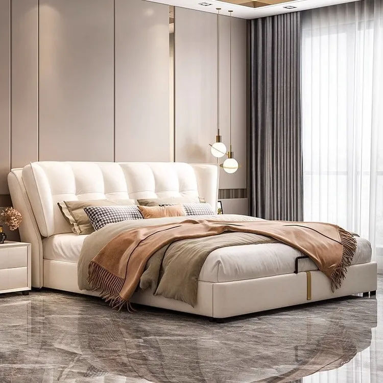 奶油轻奢真皮床1.8米双人床主卧婚床1.5米床头软靠高端皮艺床