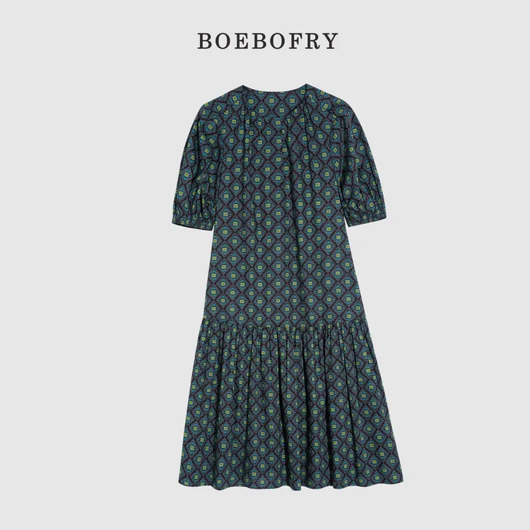 BOEBOFRY<黛绿菱花锦>夏季100%棉宽松气质减龄连衣裙BE2L0898