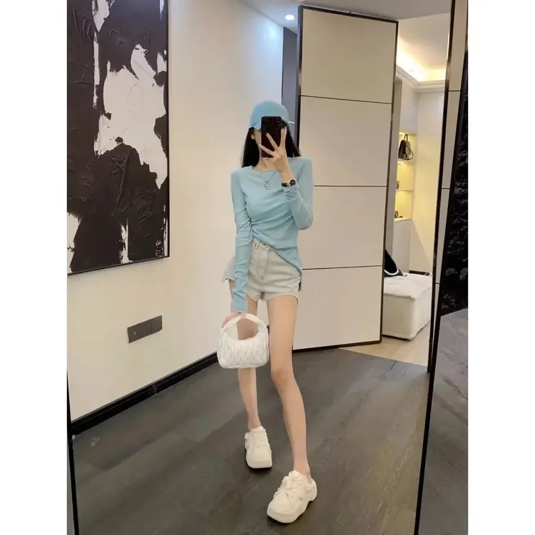 女生开春衣服2025韩系俏皮活泼休闲运动蓝色长袖T恤不规则短裤