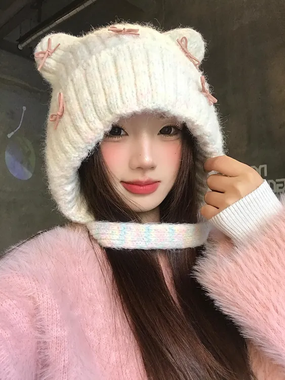 可爱猫耳朵蝴蝶结针织毛线帽女秋冬季保暖加厚防寒显脸小护耳帽子