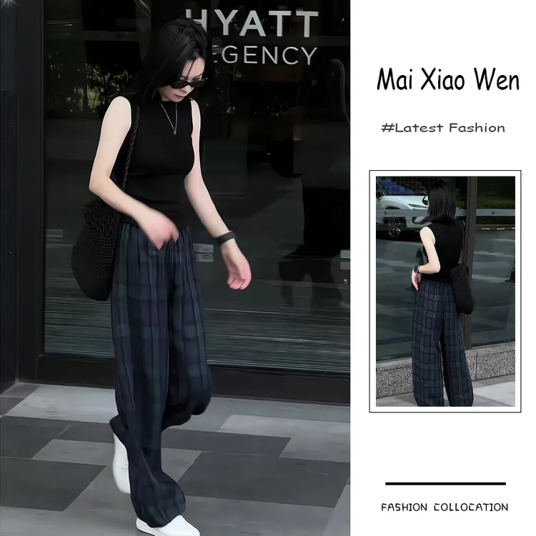 夏季流行穿搭一整套新款2025法式通勤风无袖上衣格纹阔腿裤两件套