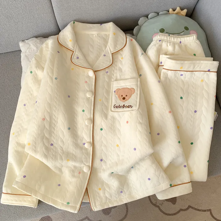 秋冬季睡衣女款加厚保暖空气棉夹层可爱卡通春秋可外穿家居服套装