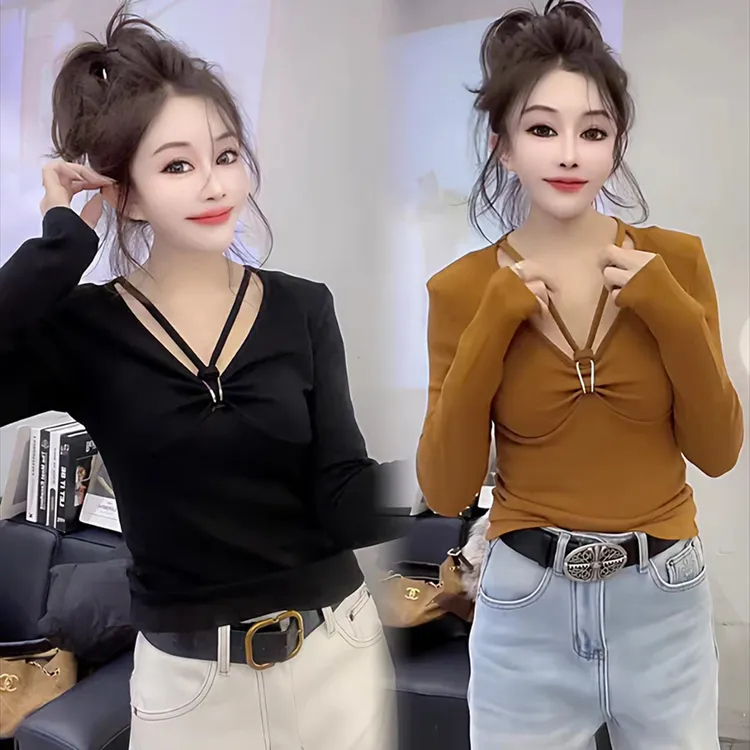 常规打底衫春秋长袖T恤内搭纯欲风修身V领朋克风短款染色