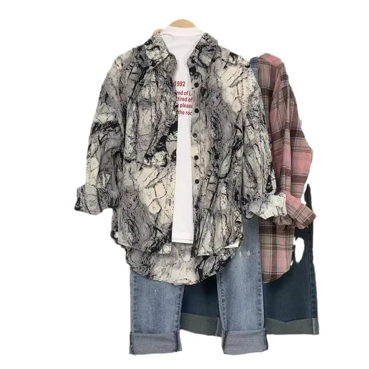 大码宽松水墨韩版新款印花复古长袖中长款衬衫夏季女薄款上衣衬衣