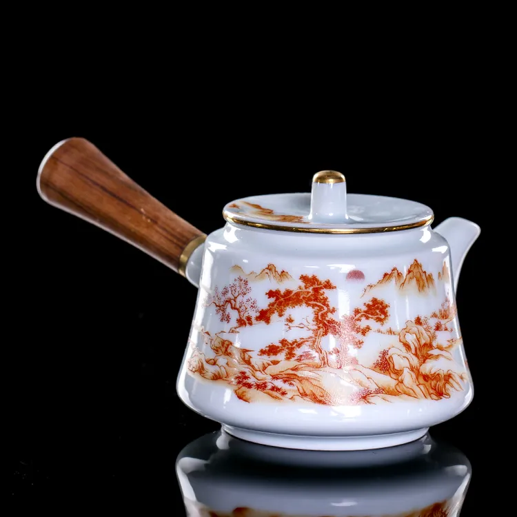 德化描金青瓷山水画茶壶陶瓷家用泡茶壶功夫茶具防烫侧把还柄单壶