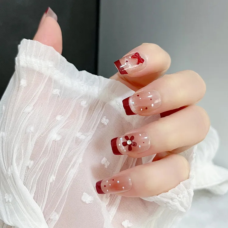 显白红色法式猫眼蝴蝶结爆闪美甲穿戴甲抖音指甲贴片甲片款式