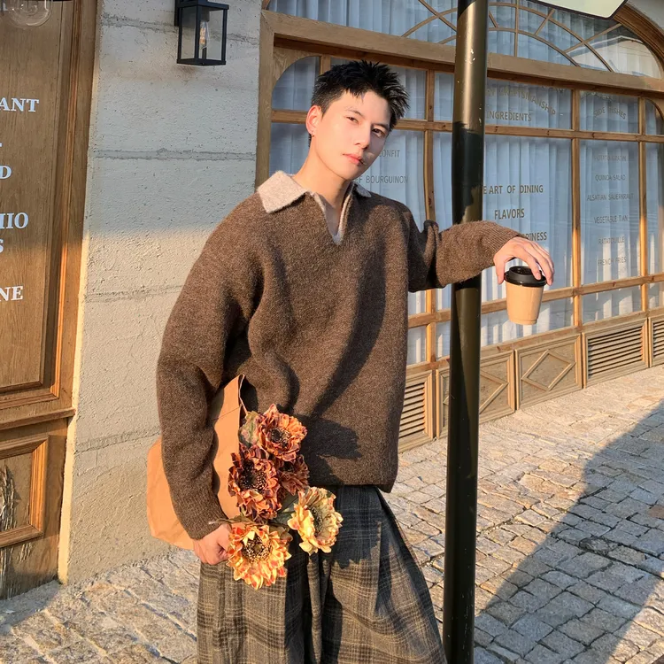 Holocene美式潮牌痞帅粗针翻领毛衣男生秋冬假两件V领针织衫5510