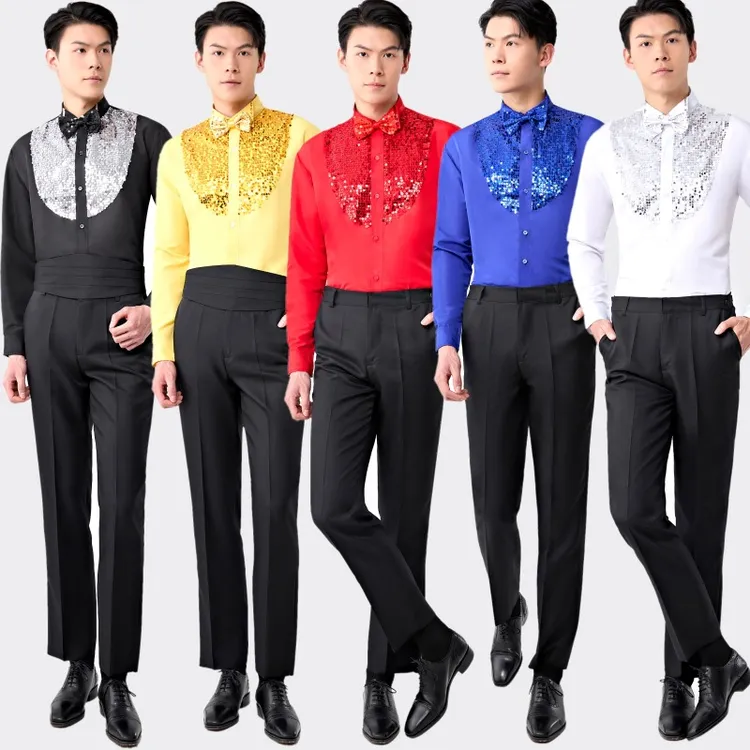 彩色片衬衣套装演出服大合唱团舞台表演衬衫裤子两件套舞蹈服红色