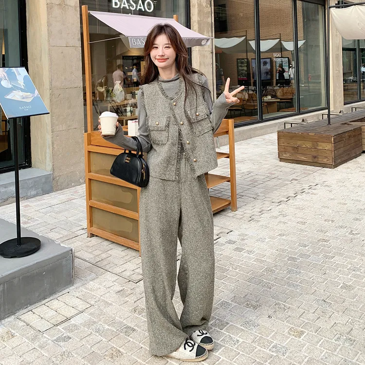 小香风马甲套装女2025春季新款高级感阔腿裤三件套盐系穿搭轻熟风