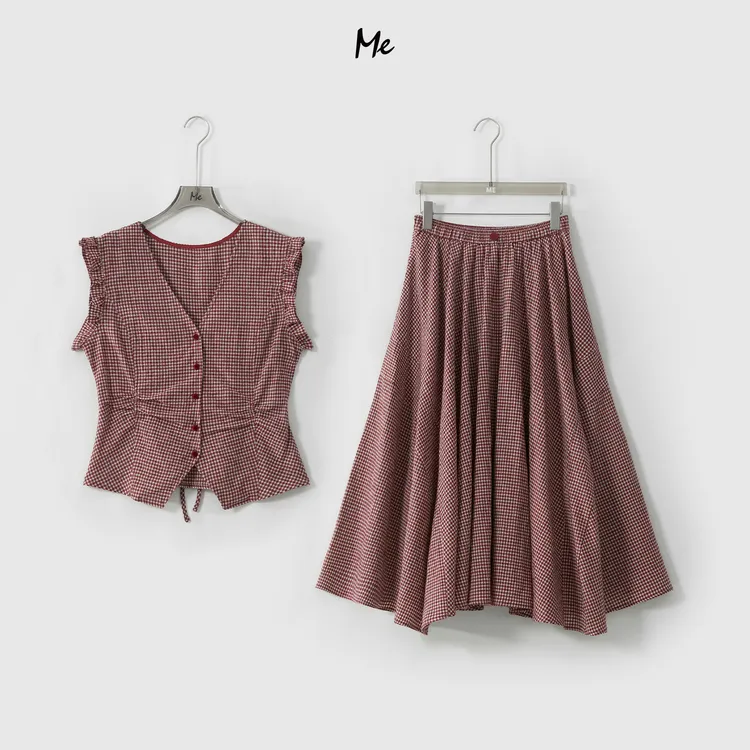 ME【玫瑰格套装】亚麻混纺冰麻透气木耳边显瘦时尚休闲套装MESS5852