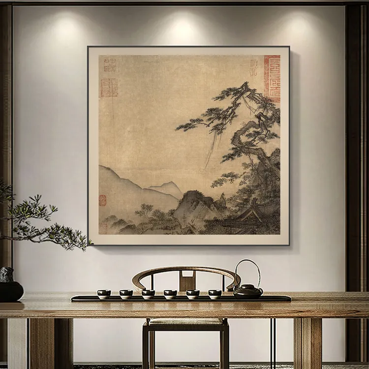 宋代美学茶室挂画新中式正方形茶桌后双联装饰画客厅书房壁画氛围