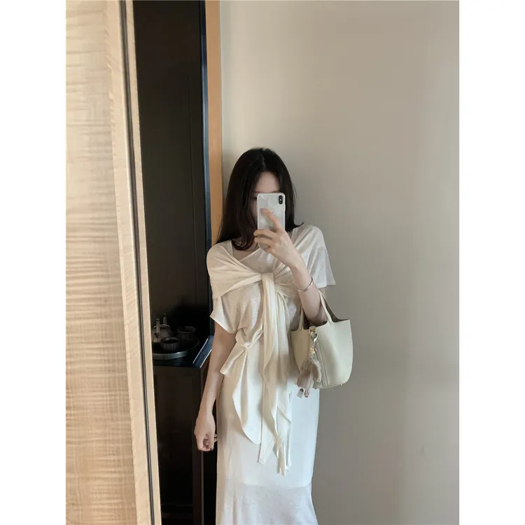 轻奢麻棉三件套披肩套装女气质开衫T恤半身裙超火的