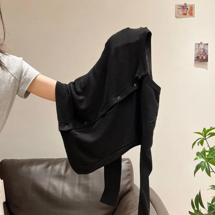 黑色圆领针织长袖T恤女秋2025新款外搭开衫修身显瘦外套上衣