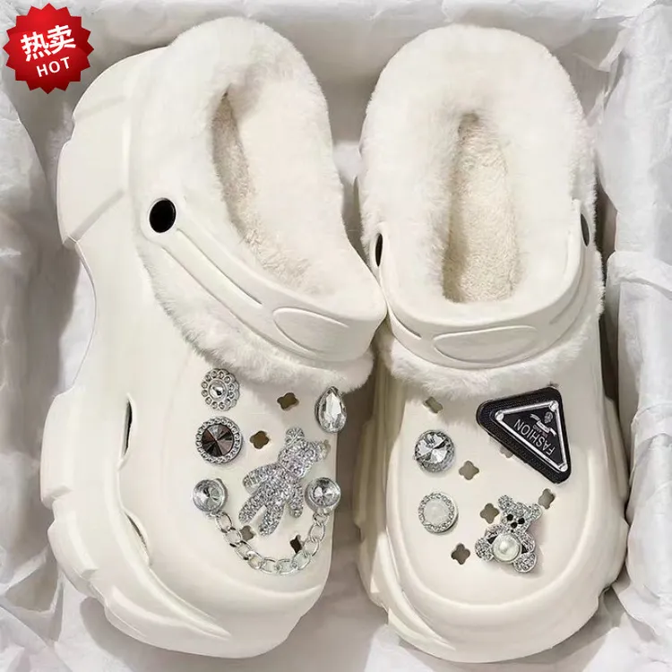 卡通棉拖女秋冬外穿2024新款厚底增高防滑两穿加绒保暖毛毛洞洞鞋