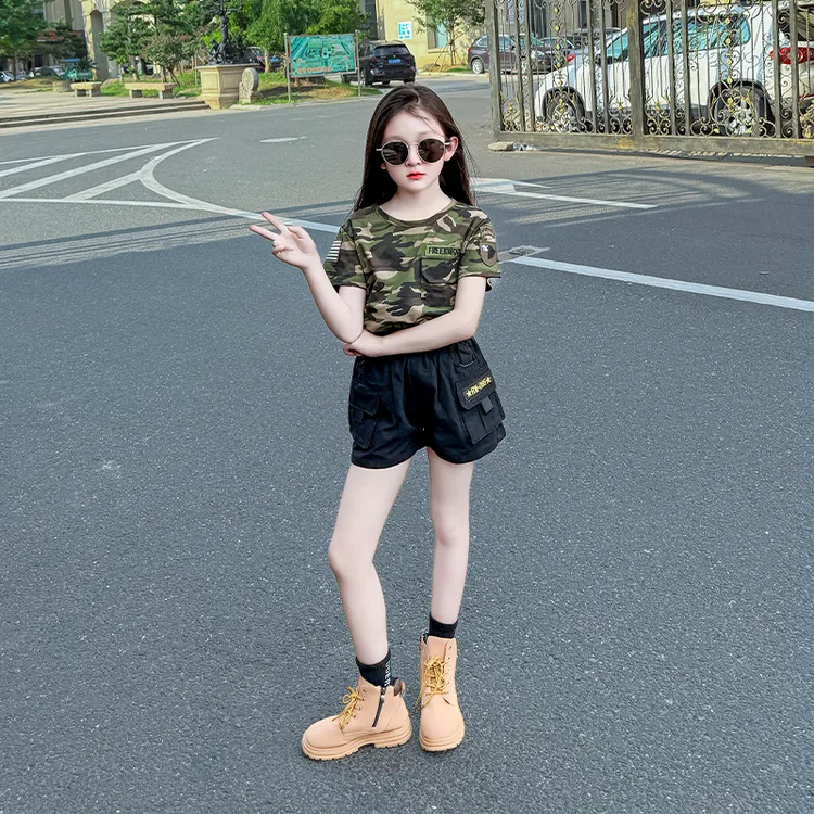 女童套装2025新款儿童夏装炸街洋气迷彩上衣工装短裤休闲裤套装潮