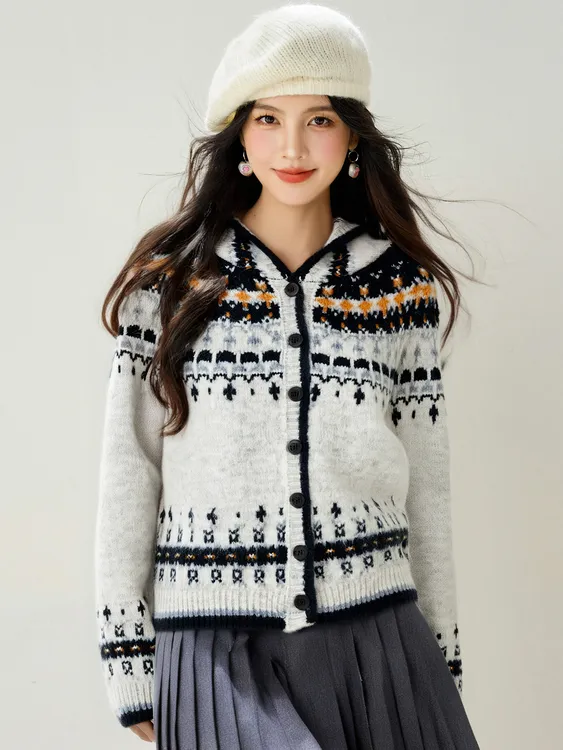 复古费尔岛提花连帽毛衣2025秋季新款民族风宽松百搭减龄气质上衣