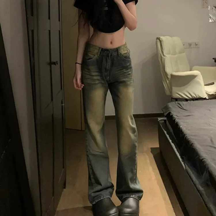 204#美式高腰松紧腰阔腿喇叭裤S2376#（直播间颜色为准）