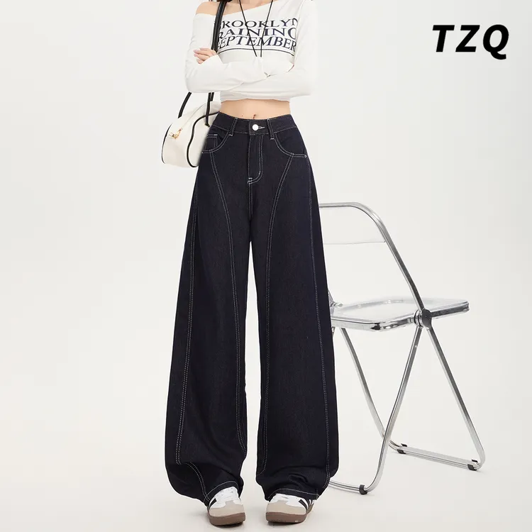 新款美式复古立体剪裁解构弯刀裤女宽松百搭九分牛仔裤TZQ2590725