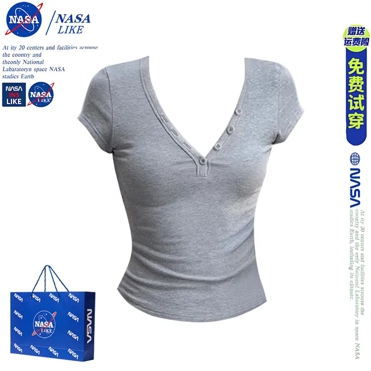 NASA美式辣妹V领纽扣正肩短袖T恤女夏季纯欲性感别致修身短款上衣