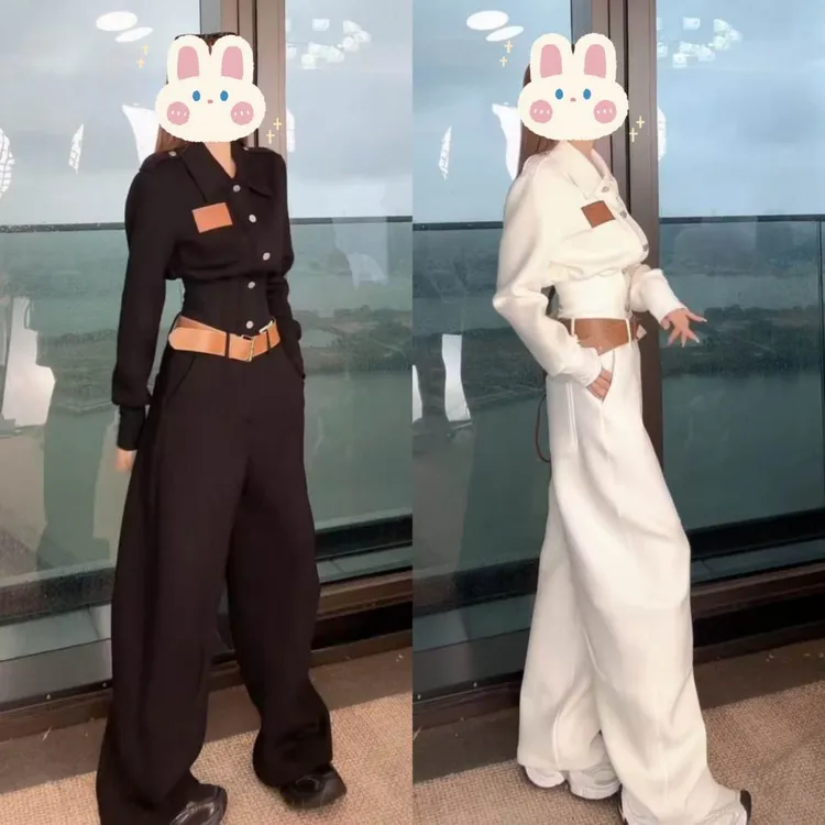 【超模腰lulu】黑白色收腰衬衫领短外套+宽松拖地裤（送腰带）BB50366