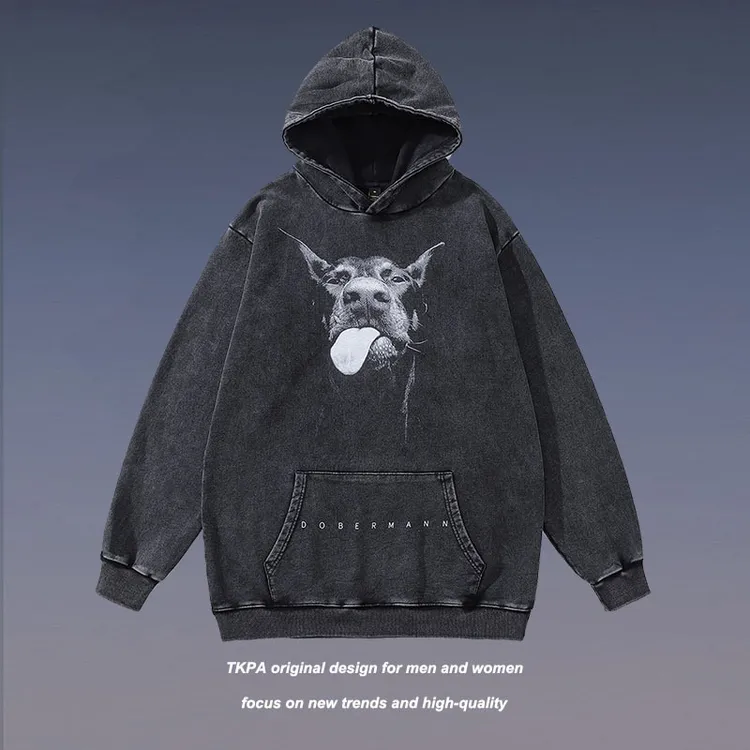 个性前沿欧美高街暗黑系杜宾犬印花重磅做旧连帽卫衣嘻哈外套上衣
