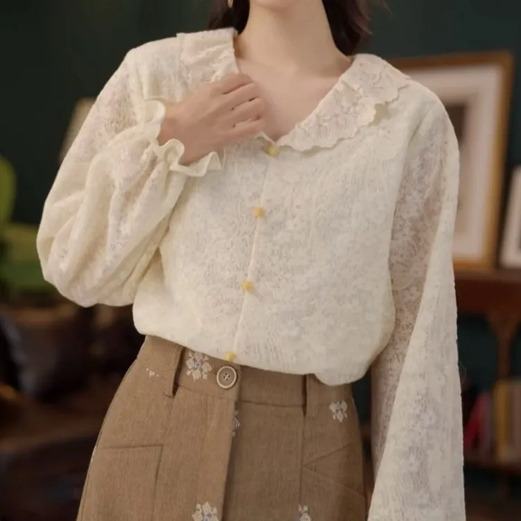 欧若风气质蕾丝长袖衬衫女2025秋季新款时尚休闲宽松设计感上衣