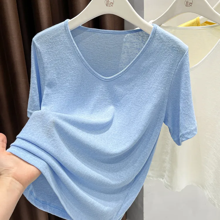 夏季基础款百搭正肩短袖T恤女款爆款2025新款V领宽松针织上衣薄款
