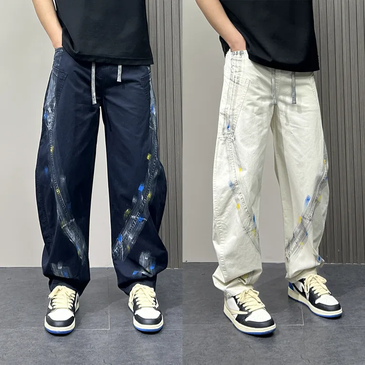 2025夏季新款男士牛仔裤个性涂鸦印花直筒哈伦裤时尚百搭牛仔裤