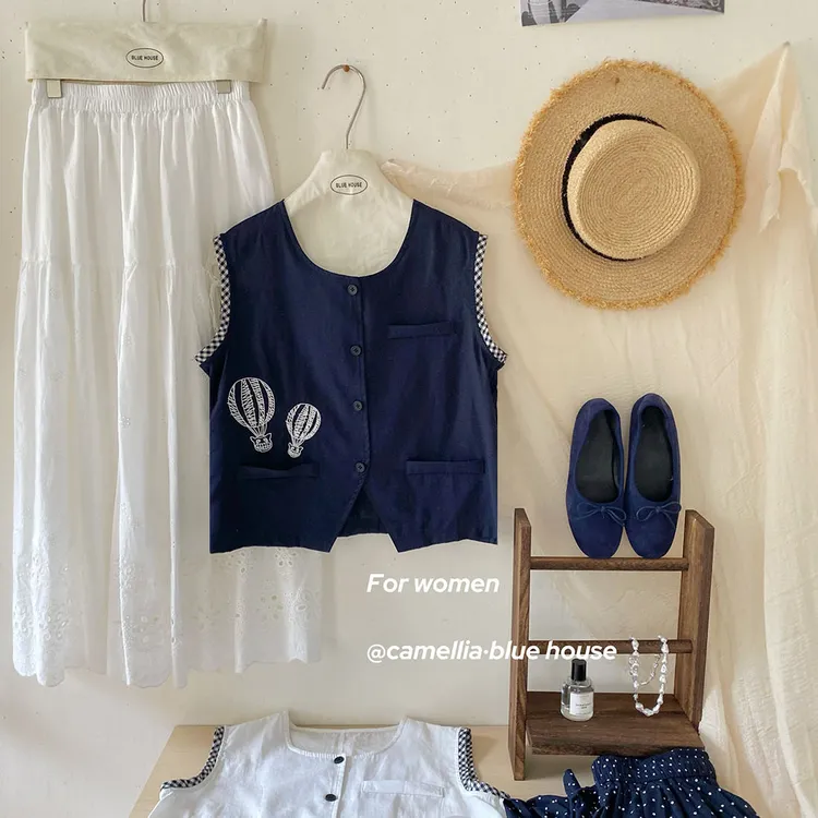 小众拼接气球刺绣撞色坎肩背心开衫女夏透气显瘦气质马甲小衫