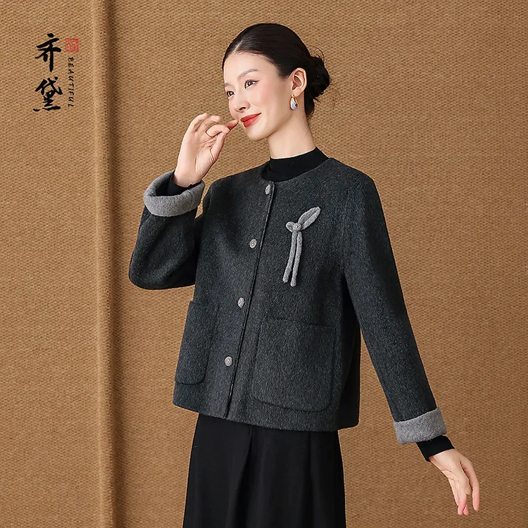 齐黛高端品牌双面羊绒大衣女2025秋冬新款长袖妈妈羊毛呢子短外套