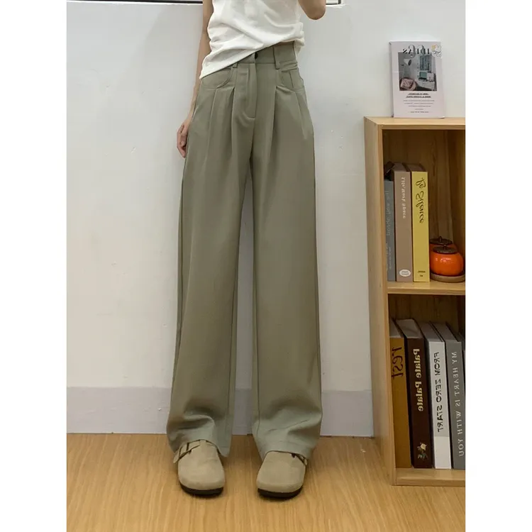 橄榄绿西装阔腿休闲裤女2025新款秋季大码胖mm高腰显瘦直筒拖地裤