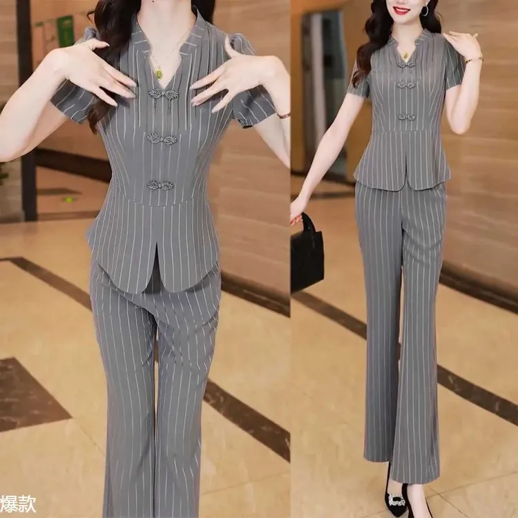 2025夏季新款气质显瘦国风盘扣短袖上衣微喇叭裤子职业两件套装女