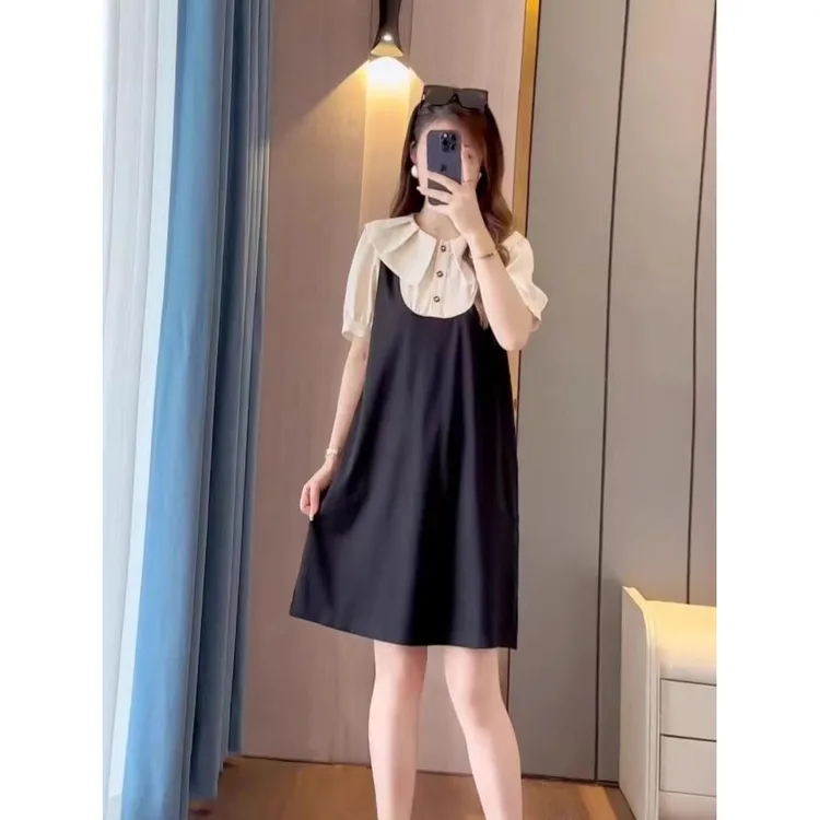 夏季大码女装胖mm赫本黑色娃娃领连衣裙微胖妹妹遮肚藏肉显瘦裙子