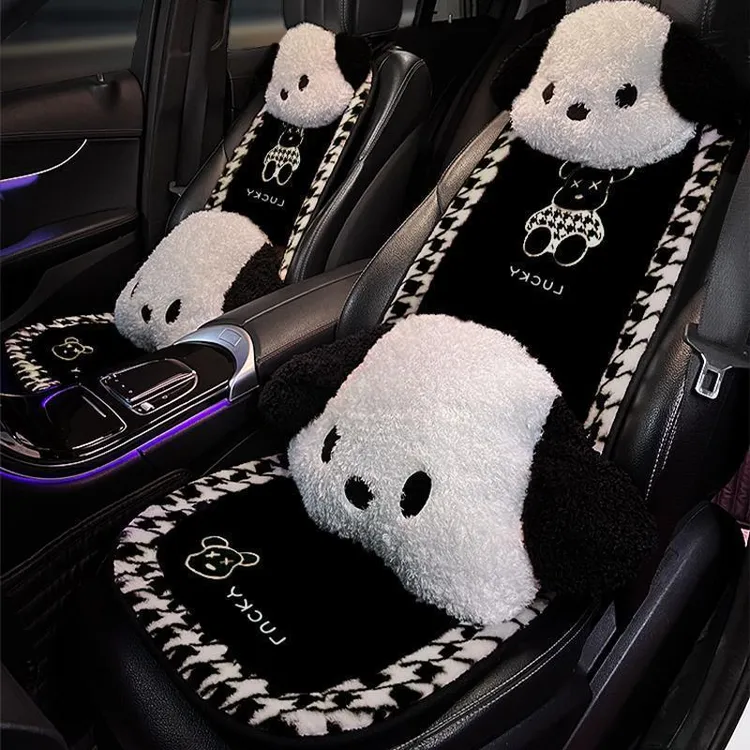 冬季加绒网红汽车坐垫毛绒保暖千鸟格小熊卡通可爱通用座垫