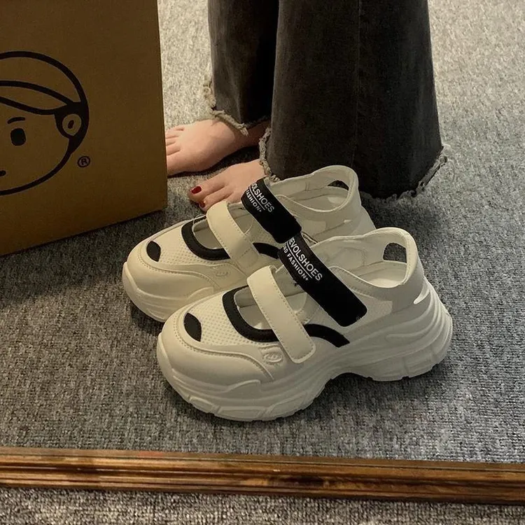 三福厚底百搭运动凉鞋女夏2025新款网面透气镂空魔术贴包头老爹鞋