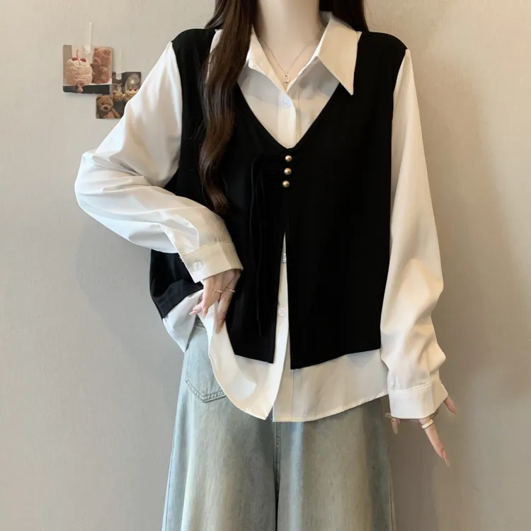 大码女装遮肚子假两件小香风马甲衬衫女春秋胖mm显瘦百搭减龄上衣