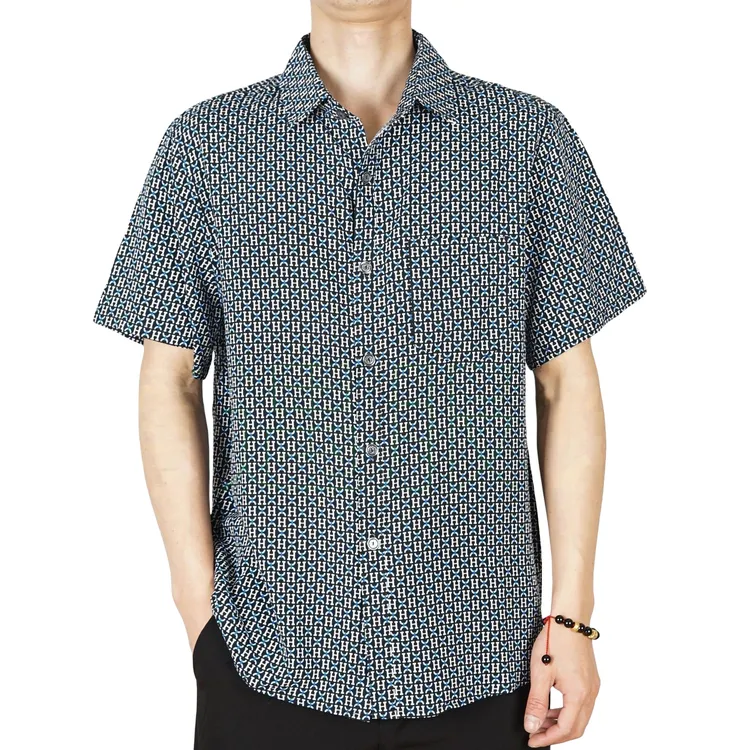 凉爽男士夏季装棉绸短袖印花衬衫透气吸汗休闲宽松男士痞帅打底衫