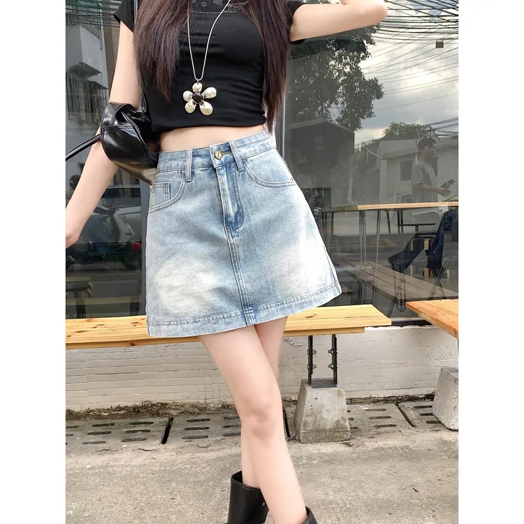 La Chapelle/拉夏贝尔大码遮肚牛仔短裙夏季胖mm包臀裙a字半身裙