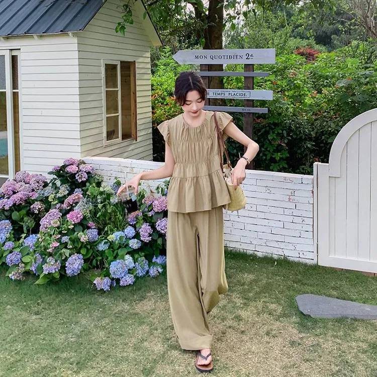 淑萸丨卡其色休闲显瘦阔腿裤套装女夏季2025新款时髦洋气上衣裤子