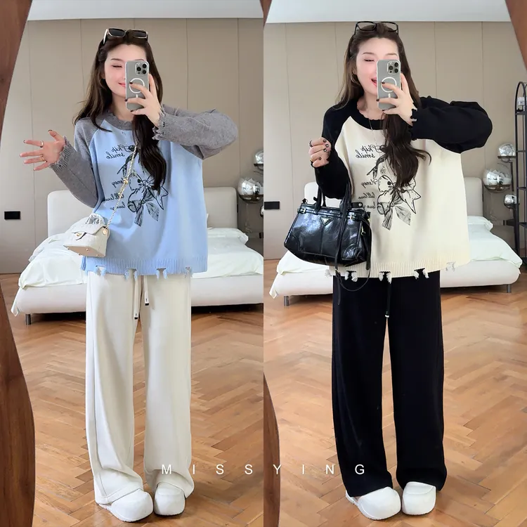 应小姐【蝴蝶毛衣】微胖大码韩版显瘦长袖圆领撞色插肩袖毛衣针织衫