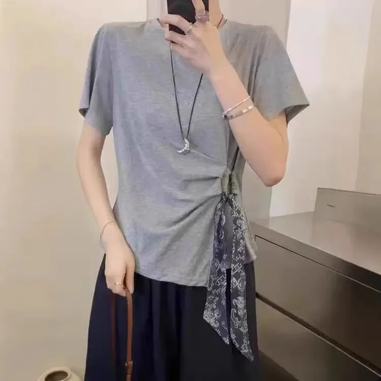 设计感丝带灰色短袖T恤女夏季大码胖mm正肩不规则收腰遮肚子上衣