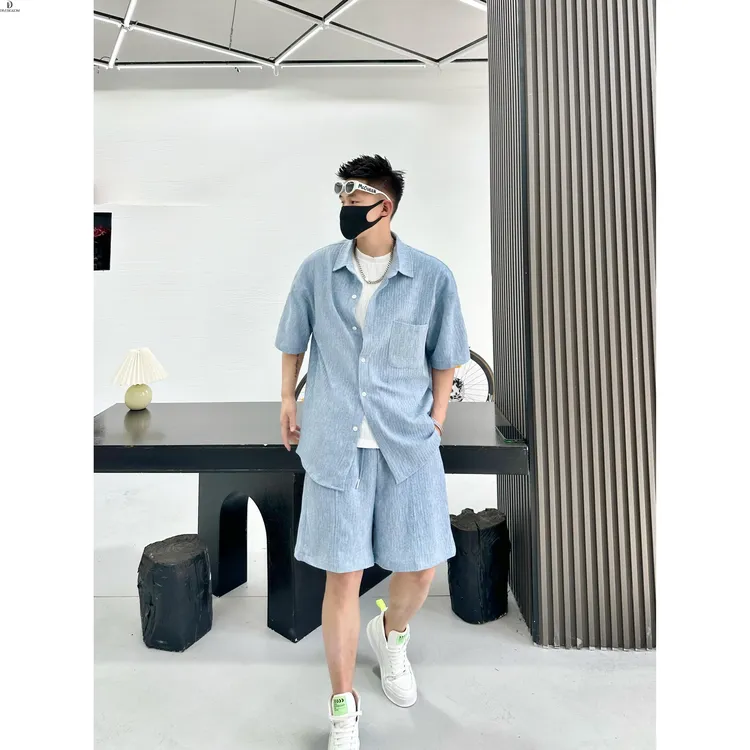 DIIIVERGOM时尚简约亚麻面料衬衫套装男夏季休闲褶皱松紧短袖短裤
